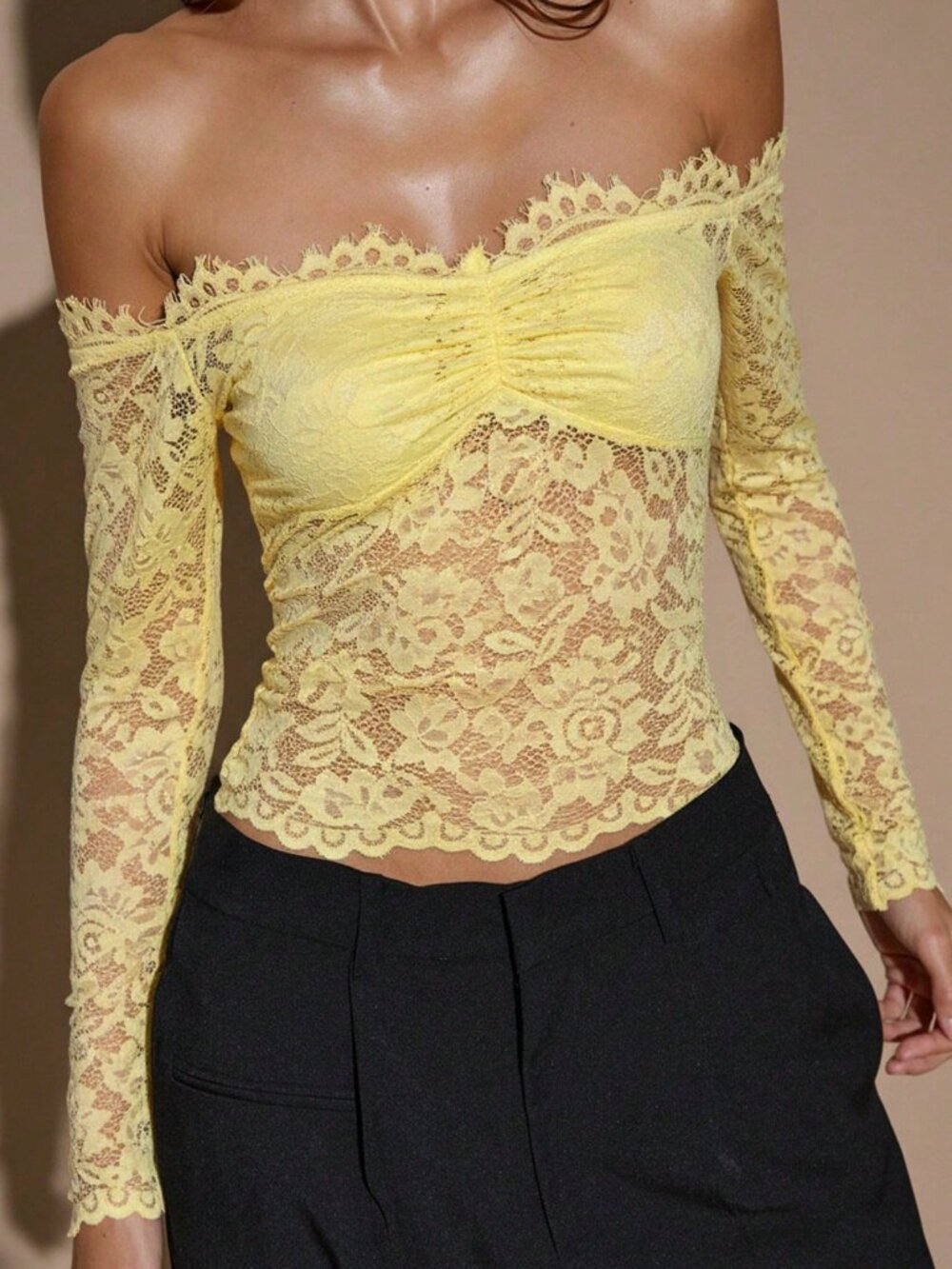 Yellow Elegant Women's Lace Off-Shoulder Long Sleeve Top - Picture 5 of 5